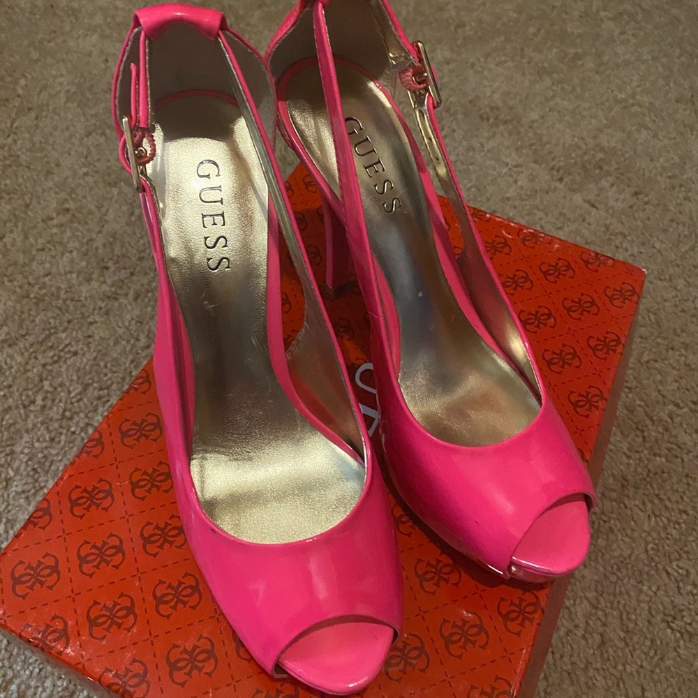 Guess hot pink peep toe sling back heels